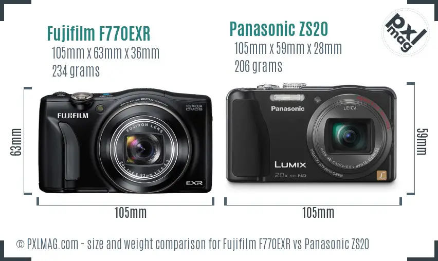 Fujifilm F770EXR vs Panasonic ZS20 size comparison