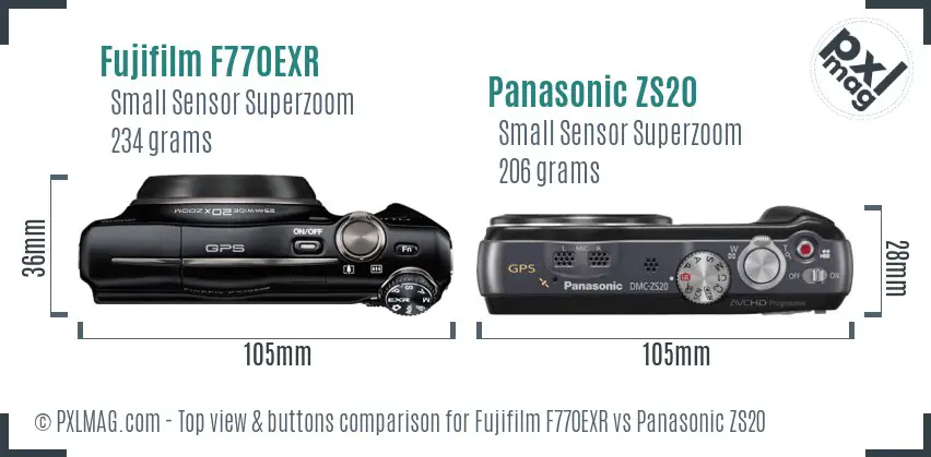 Fujifilm F770EXR vs Panasonic ZS20 top view buttons comparison