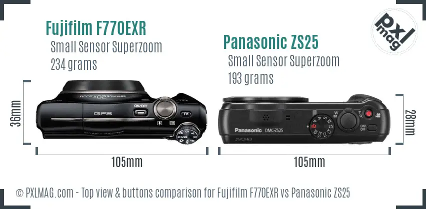 Fujifilm F770EXR vs Panasonic ZS25 top view buttons comparison