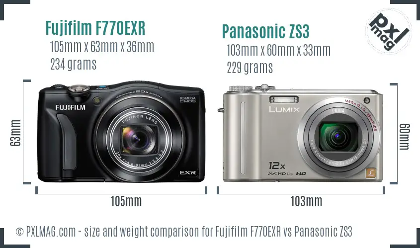 Fujifilm F770EXR vs Panasonic ZS3 size comparison