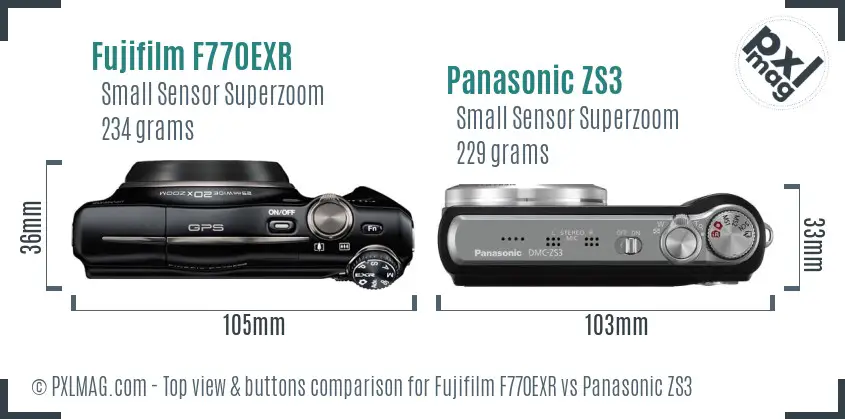 Fujifilm F770EXR vs Panasonic ZS3 top view buttons comparison