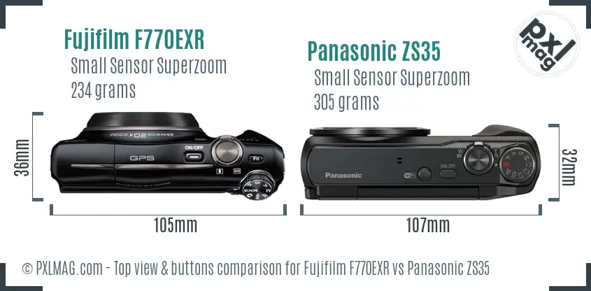 Fujifilm F770EXR vs Panasonic ZS35 top view buttons comparison