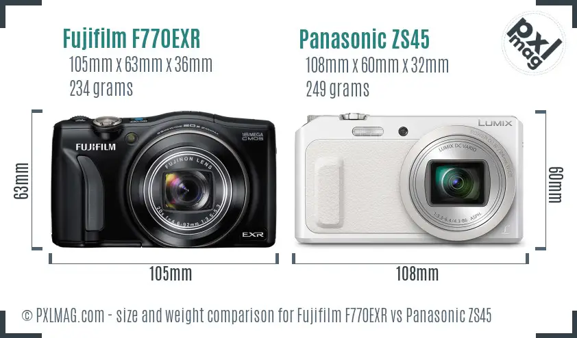 Fujifilm F770EXR vs Panasonic ZS45 size comparison