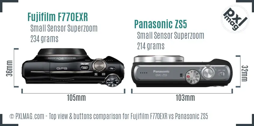 Fujifilm F770EXR vs Panasonic ZS5 top view buttons comparison Fujifilm F770EXR vs Panasonic ZS5 top view buttons comparison