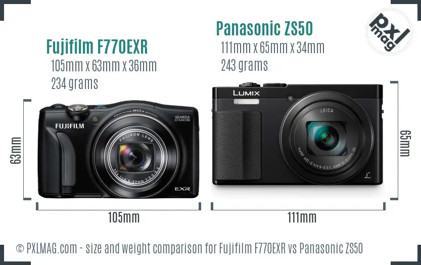 Fujifilm F770EXR vs Panasonic ZS50 size comparison