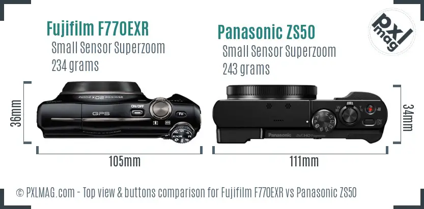 Fujifilm F770EXR vs Panasonic ZS50 top view buttons comparison