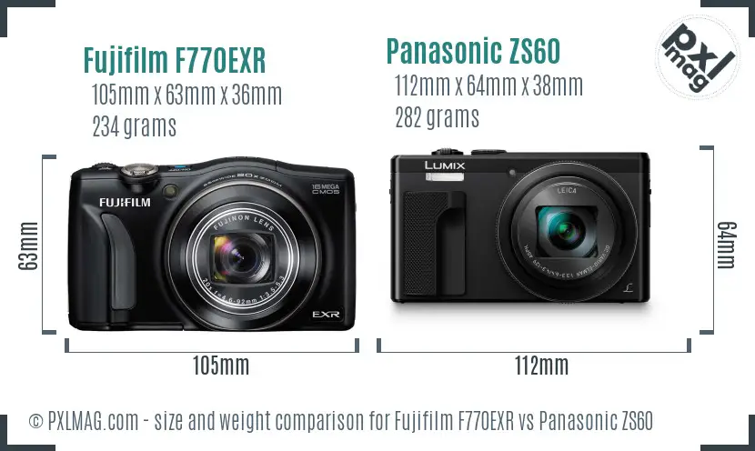 Fujifilm F770EXR vs Panasonic ZS60 size comparison
