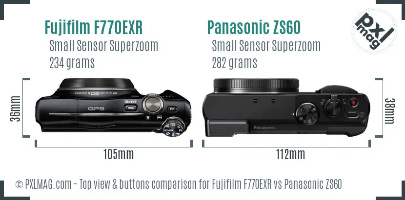 Fujifilm F770EXR vs Panasonic ZS60 top view buttons comparison