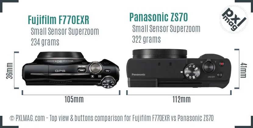 Fujifilm F770EXR vs Panasonic ZS70 top view buttons comparison