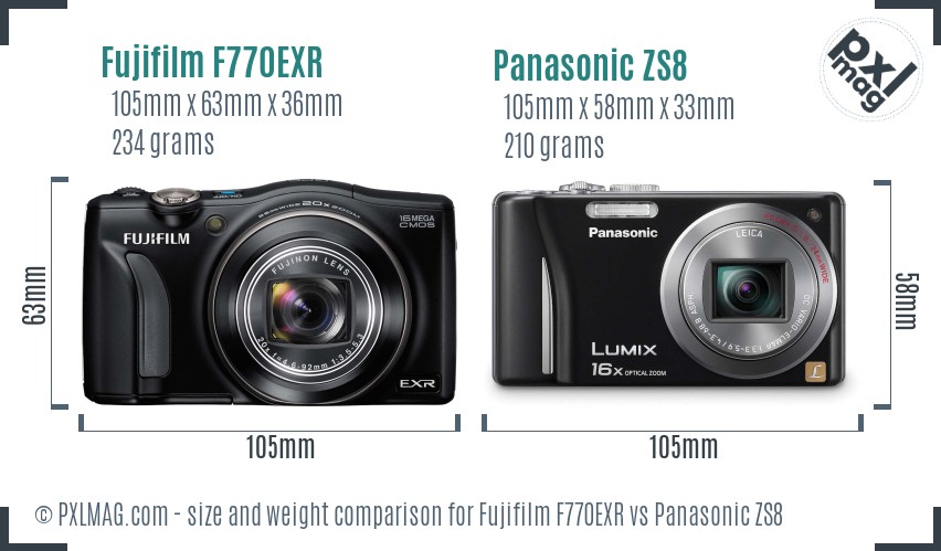 Fujifilm F770EXR vs Panasonic ZS8 size comparison