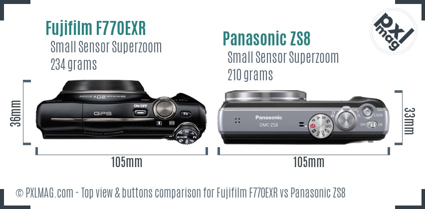 Fujifilm F770EXR vs Panasonic ZS8 top view buttons comparison