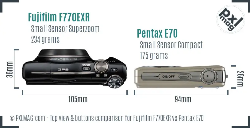 Fujifilm F770EXR vs Pentax E70 top view buttons comparison