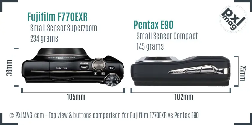 Fujifilm F770EXR vs Pentax E90 top view buttons comparison