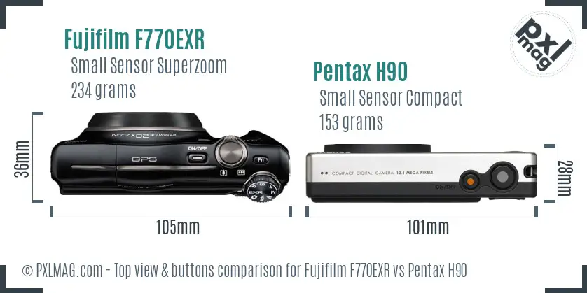 Fujifilm F770EXR vs Pentax H90 top view buttons comparison