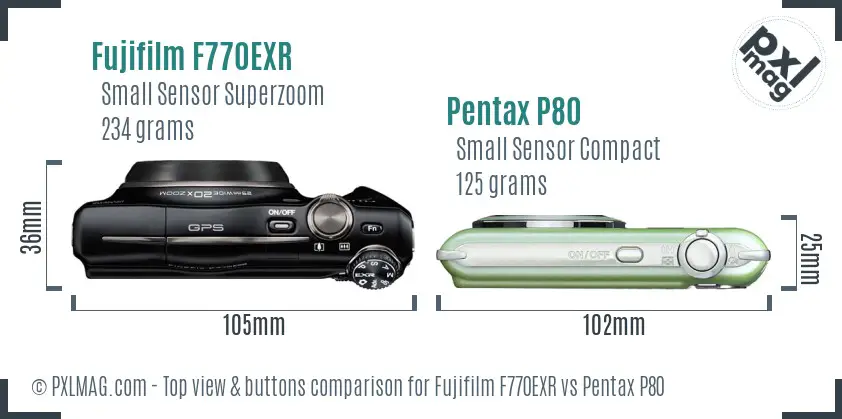 Fujifilm F770EXR vs Pentax P80 top view buttons comparison