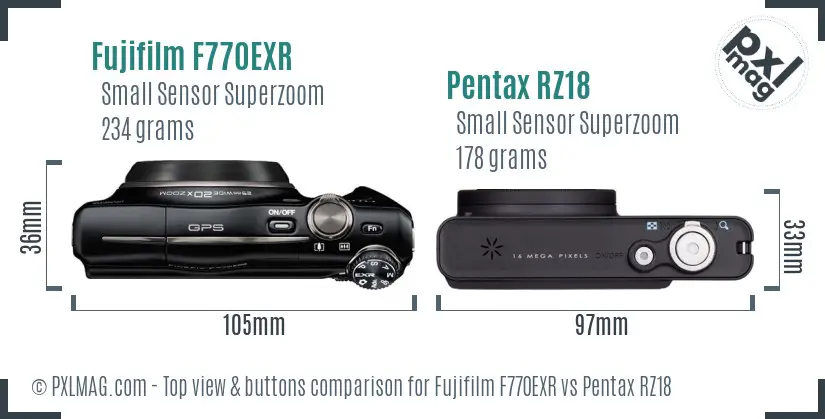 Fujifilm F770EXR vs Pentax RZ18 top view buttons comparison
