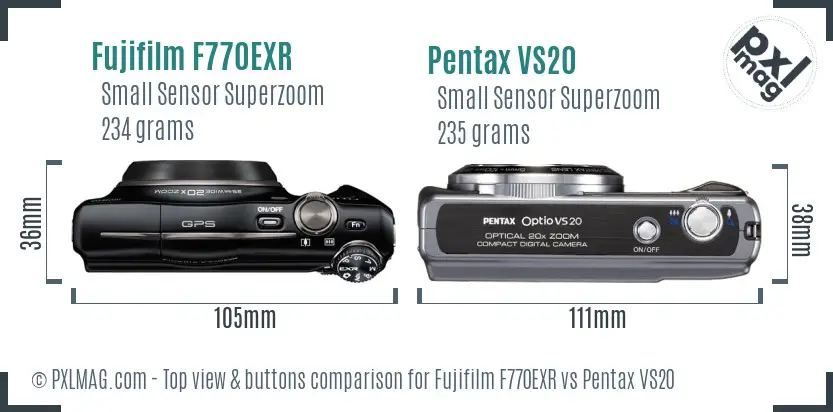 Fujifilm F770EXR vs Pentax VS20 top view buttons comparison