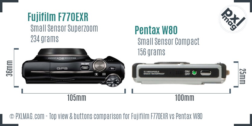 Fujifilm F770EXR vs Pentax W80 top view buttons comparison