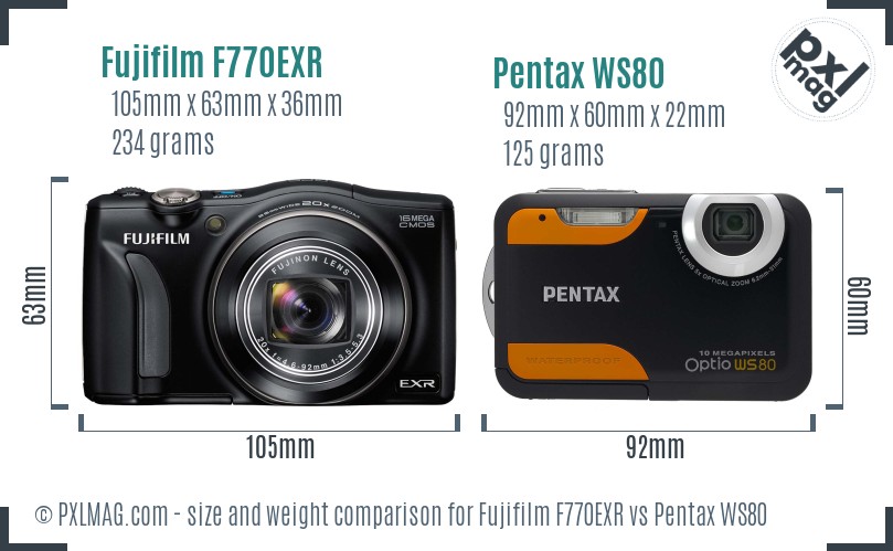 Fujifilm F770EXR vs Pentax WS80 size comparison