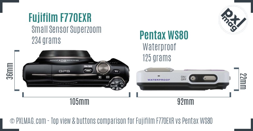Fujifilm F770EXR vs Pentax WS80 top view buttons comparison