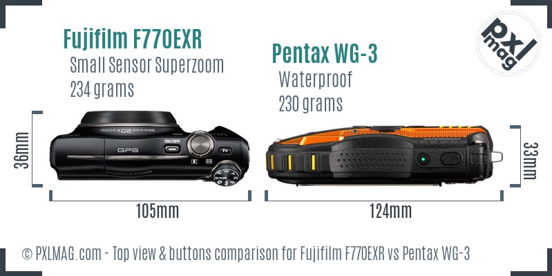 Fujifilm F770EXR vs Pentax WG-3 top view buttons comparison