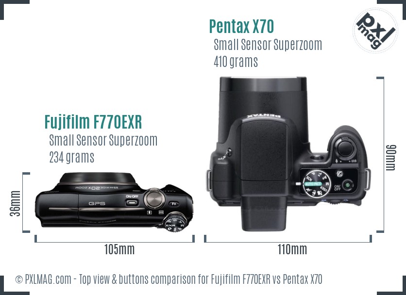 Fujifilm F770EXR vs Pentax X70 top view buttons comparison