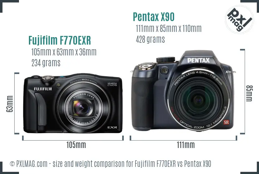 Fujifilm F770EXR vs Pentax X90 size comparison