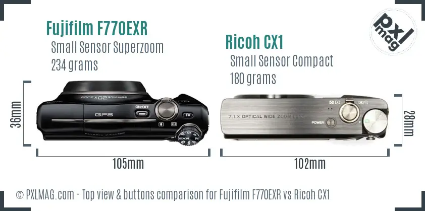 Fujifilm F770EXR vs Ricoh CX1 top view buttons comparison