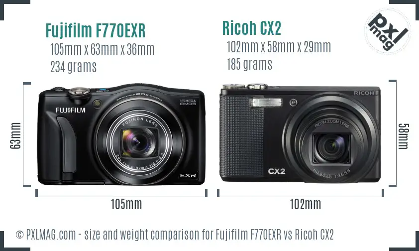 Fujifilm F770EXR vs Ricoh CX2 size comparison Fujifilm F770EXR vs Ricoh CX2 size comparison