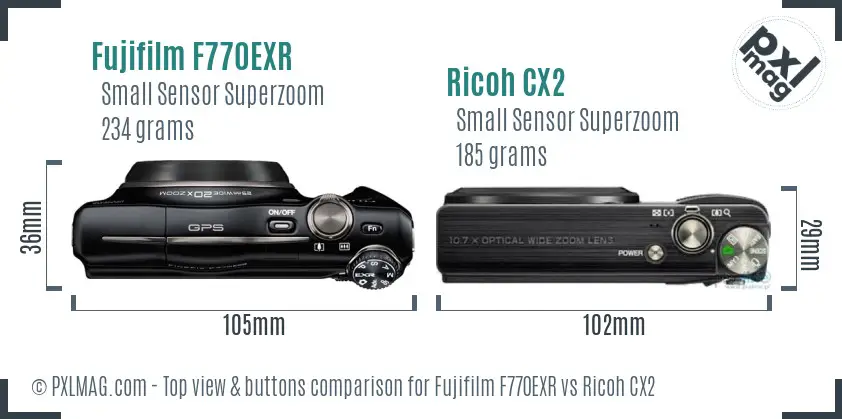 Fujifilm F770EXR vs Ricoh CX2 top view buttons comparison Fujifilm F770EXR vs Ricoh CX2 top view buttons comparison