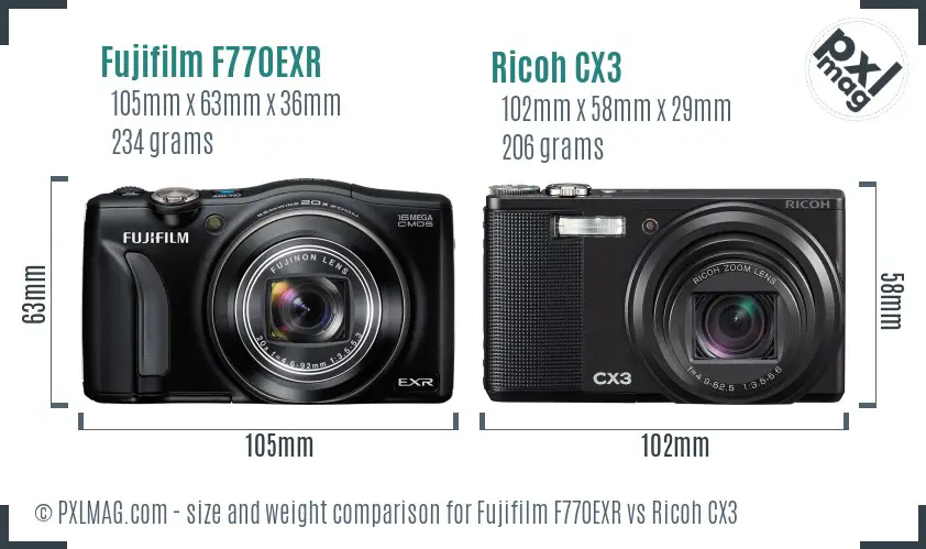 Fujifilm F770EXR vs Ricoh CX3 size comparison