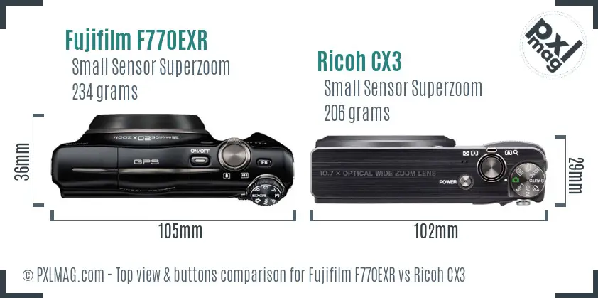 Fujifilm F770EXR vs Ricoh CX3 top view buttons comparison