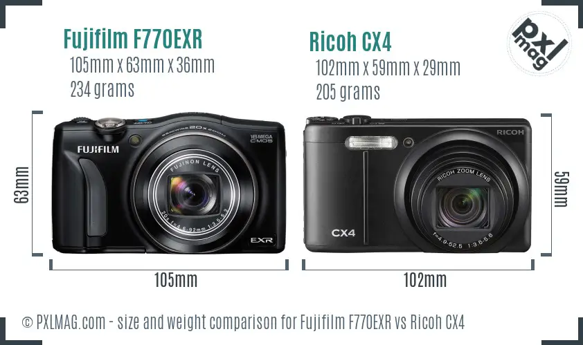 Fujifilm F770EXR vs Ricoh CX4 size comparison