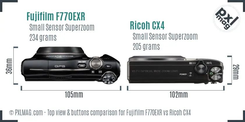 Fujifilm F770EXR vs Ricoh CX4 top view buttons comparison