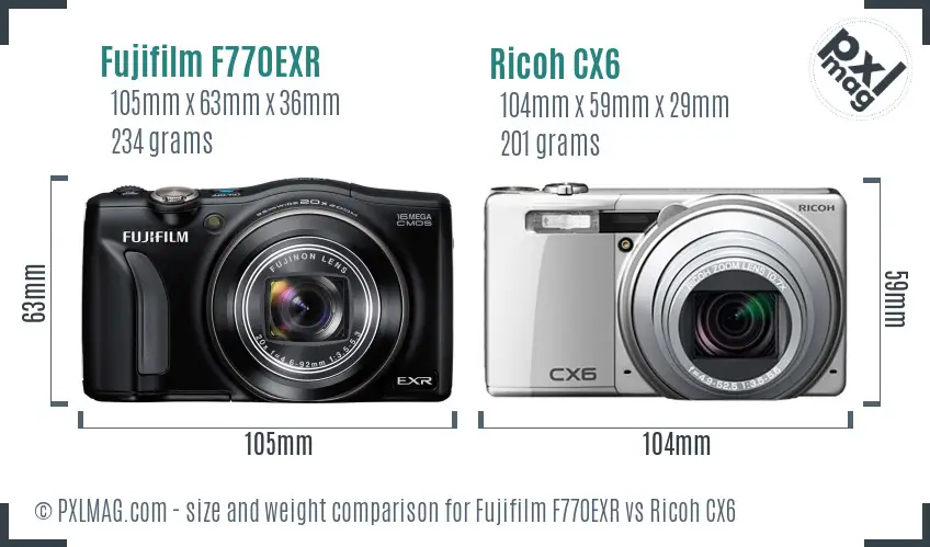 Fujifilm F770EXR vs Ricoh CX6 size comparison Fujifilm F770EXR vs Ricoh CX6 size comparison