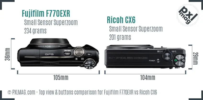 Fujifilm F770EXR vs Ricoh CX6 top view buttons comparison Fujifilm F770EXR vs Ricoh CX6 top view buttons comparison