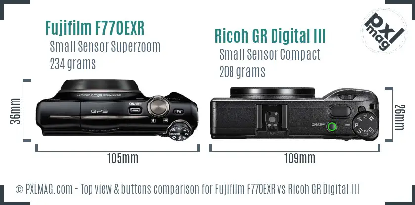 Fujifilm F770EXR vs Ricoh GR Digital III top view buttons comparison Fujifilm F770EXR vs Ricoh GR Digital III top view buttons comparison