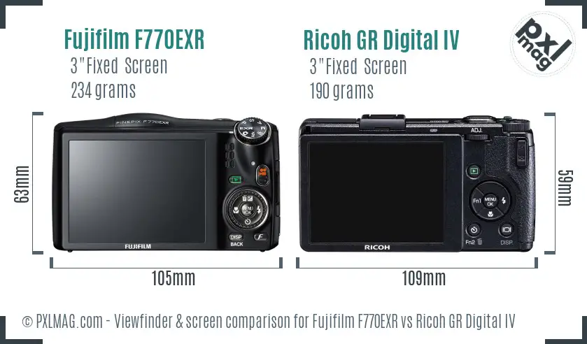 Fujifilm F770EXR vs Ricoh GR Digital IV Screen and Viewfinder comparison