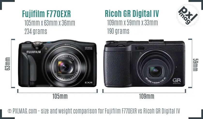 Fujifilm F770EXR vs Ricoh GR Digital IV size comparison