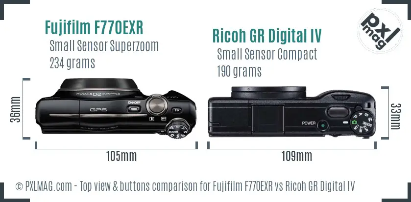 Fujifilm F770EXR vs Ricoh GR Digital IV top view buttons comparison