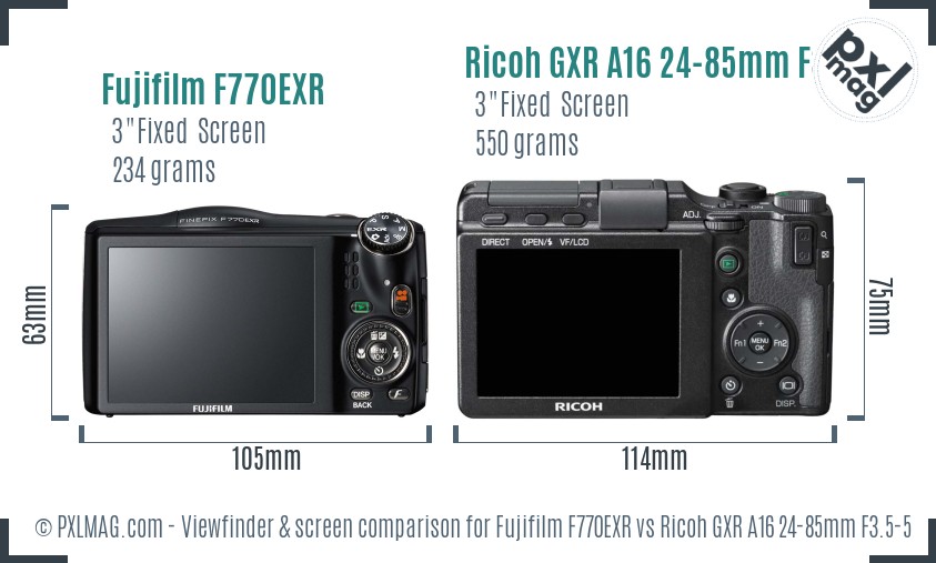 Fujifilm F770EXR vs Ricoh GXR A16 24-85mm F3.5-5.5 Screen and Viewfinder comparison