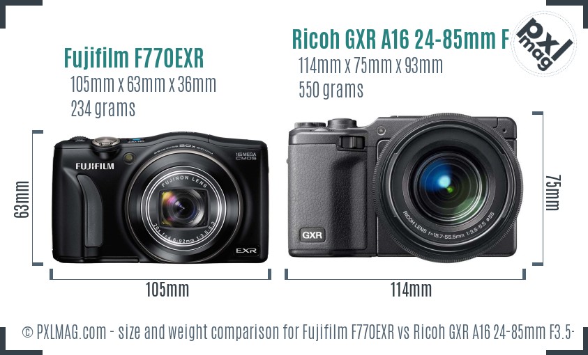 Fujifilm F770EXR vs Ricoh GXR A16 24-85mm F3.5-5.5 size comparison