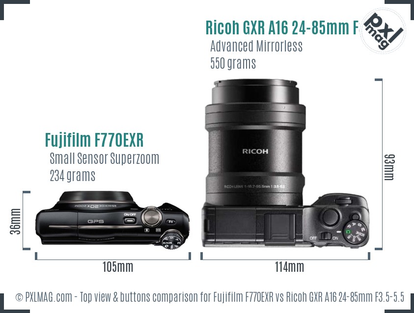 Fujifilm F770EXR vs Ricoh GXR A16 24-85mm F3.5-5.5 top view buttons comparison