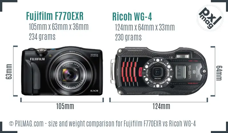 Fujifilm F770EXR vs Ricoh WG-4 size comparison