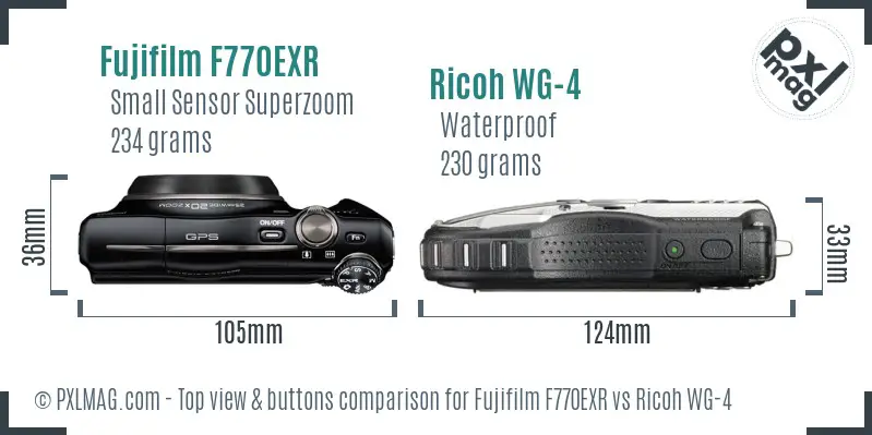 Fujifilm F770EXR vs Ricoh WG-4 top view buttons comparison