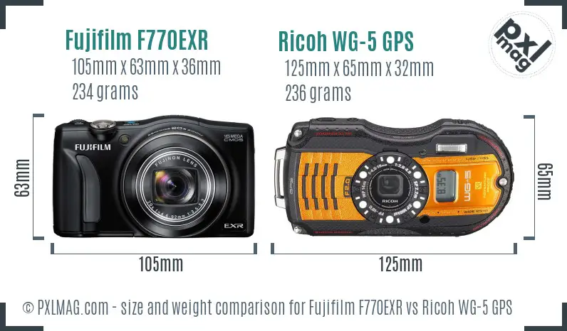Fujifilm F770EXR vs Ricoh WG-5 GPS size comparison
