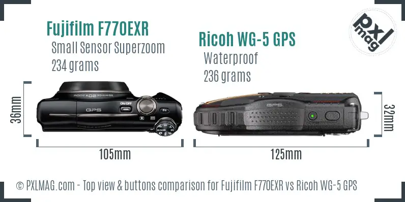 Fujifilm F770EXR vs Ricoh WG-5 GPS top view buttons comparison