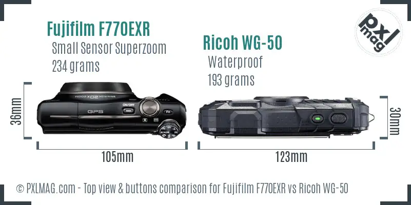 Fujifilm F770EXR vs Ricoh WG-50 top view buttons comparison