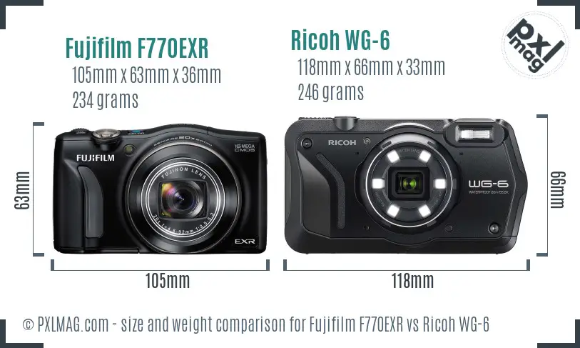 Fujifilm F770EXR vs Ricoh WG-6 size comparison