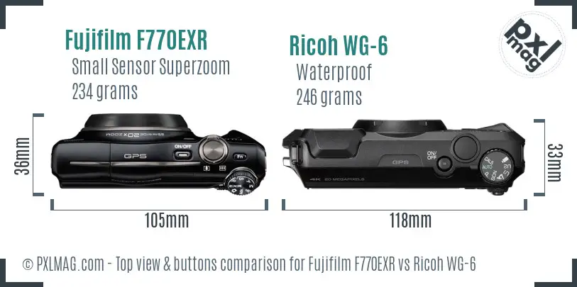 Fujifilm F770EXR vs Ricoh WG-6 top view buttons comparison